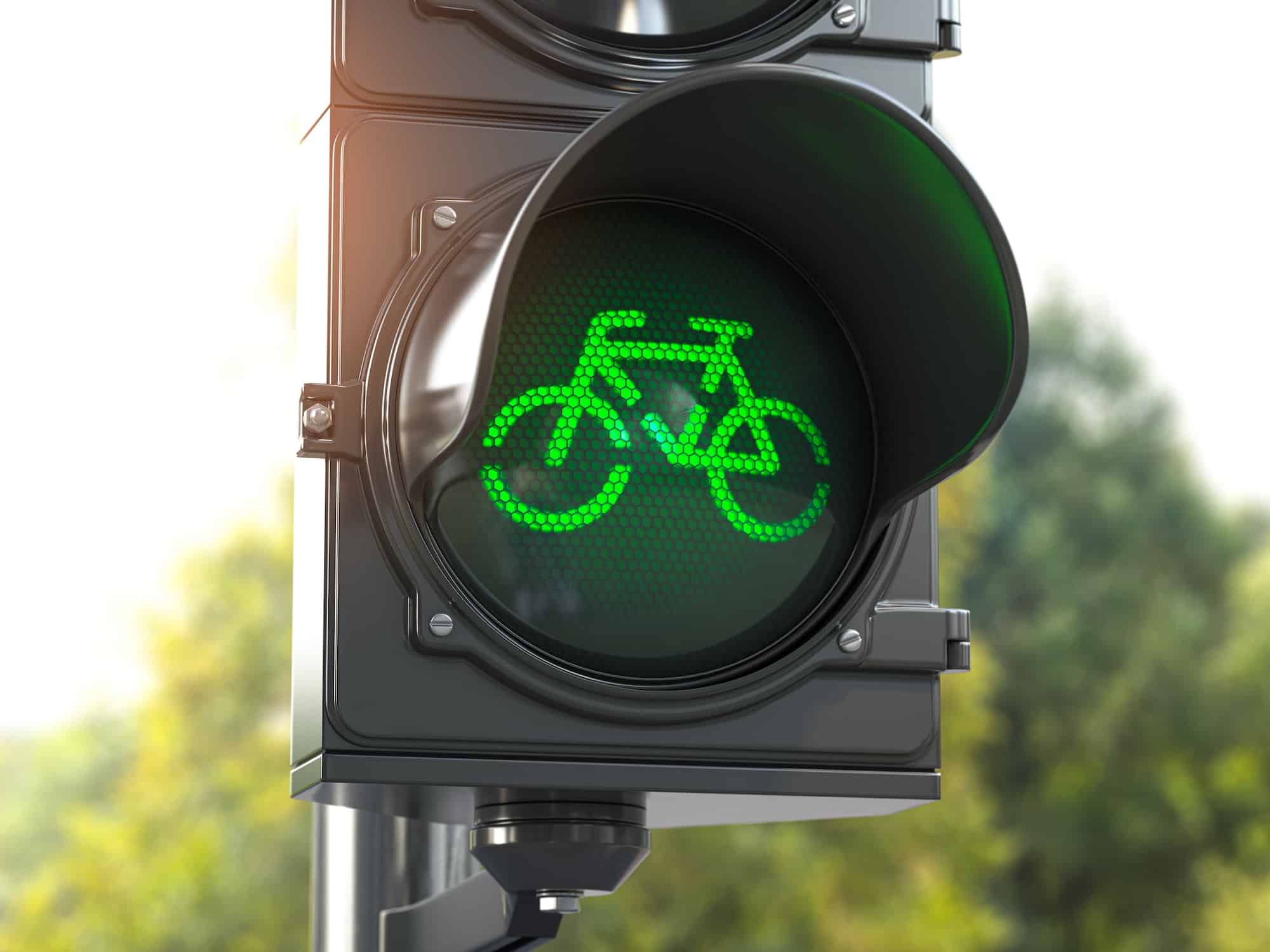 Bicycle green signal on traffic light. Free bike road or zone for bikes. Bike friendly politics